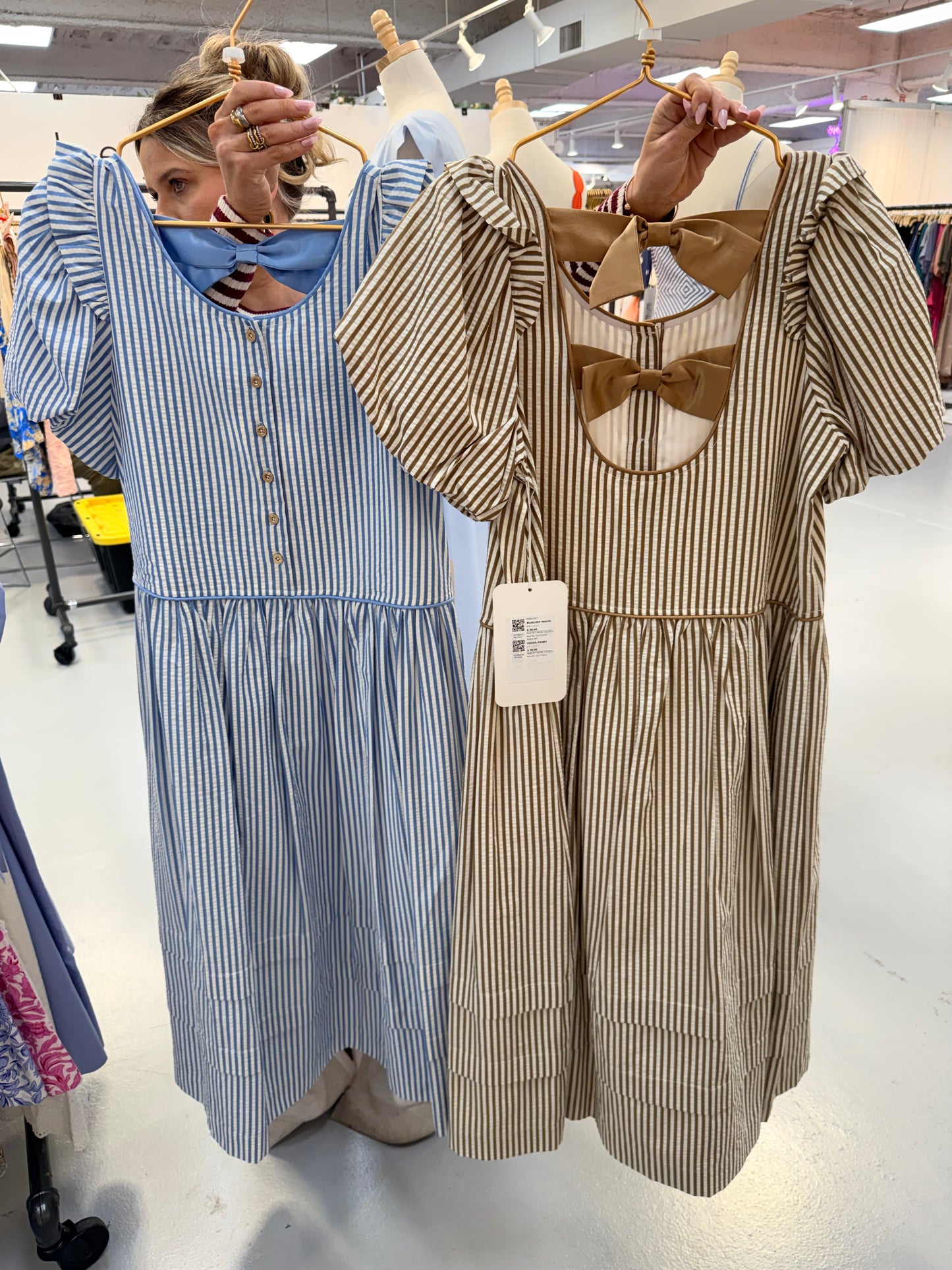 Seersucker Stripe Pintucked Bow Back Midi Dress