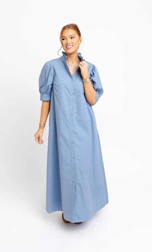 Karlie Blue Poplin Ruffle Neck Maxi Dress
