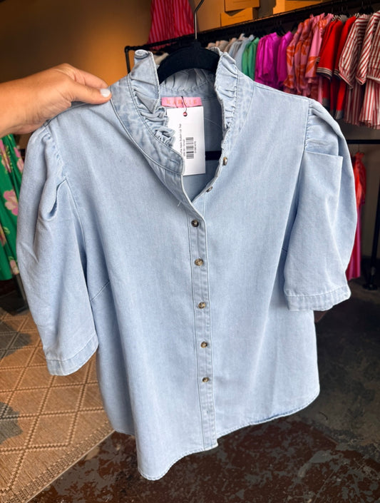 Karlie Denim Ruffle Neck Button Up Top