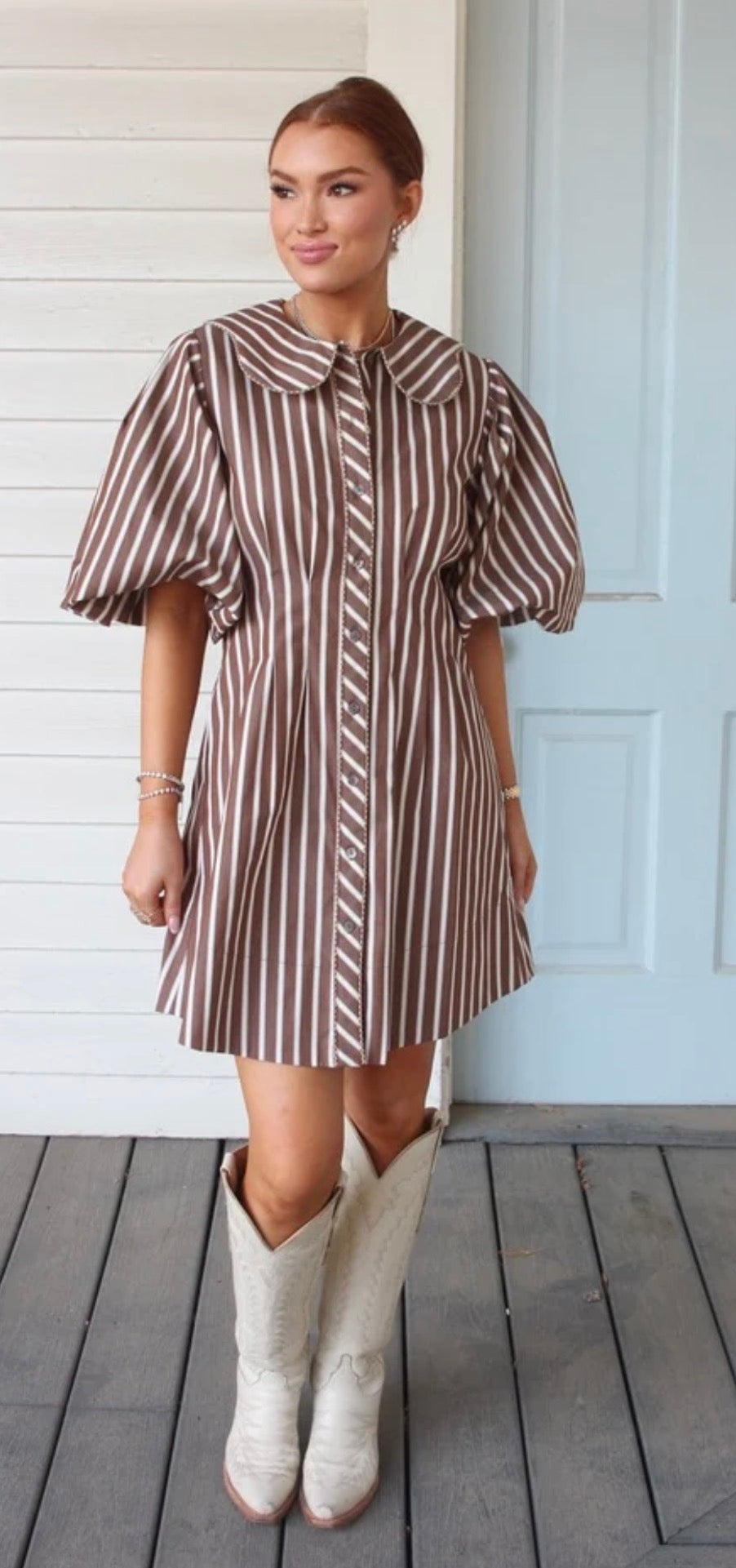 Karlie Brown Scallop Puff Sleeve Dress